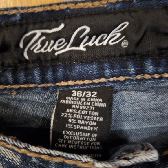 True Luck Distressed Bootcut Stretch Jeans Mens 36x32 Medium Wash - Picture 3 of 3